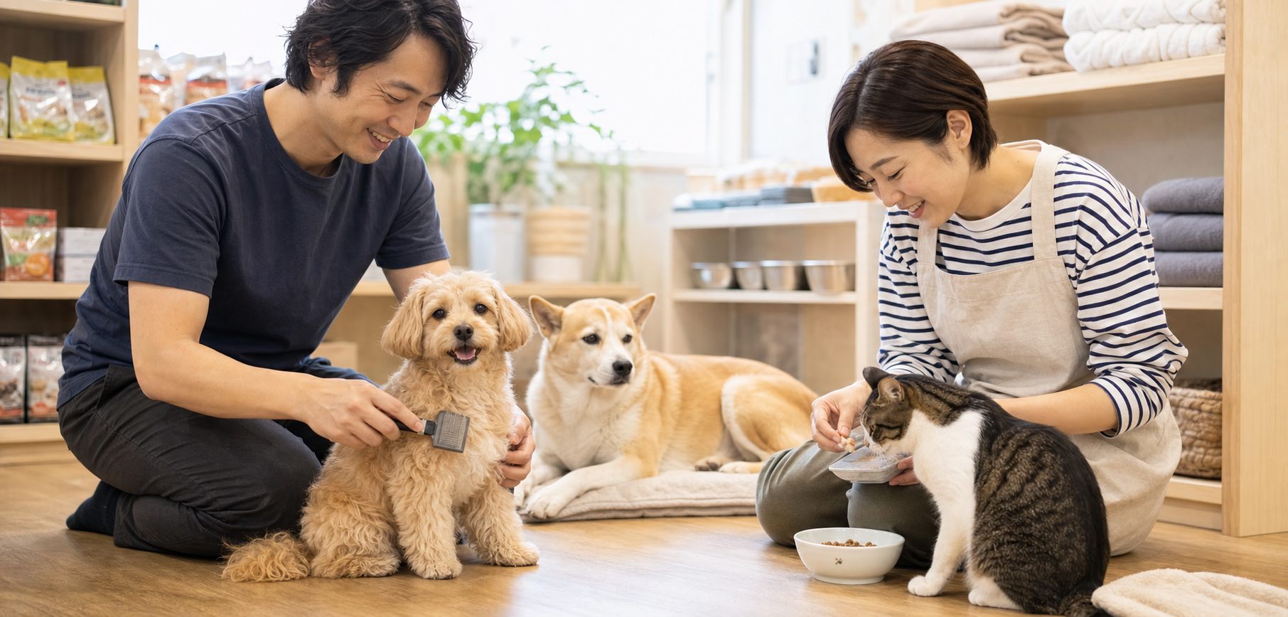 犬猫のケアをするボランティア