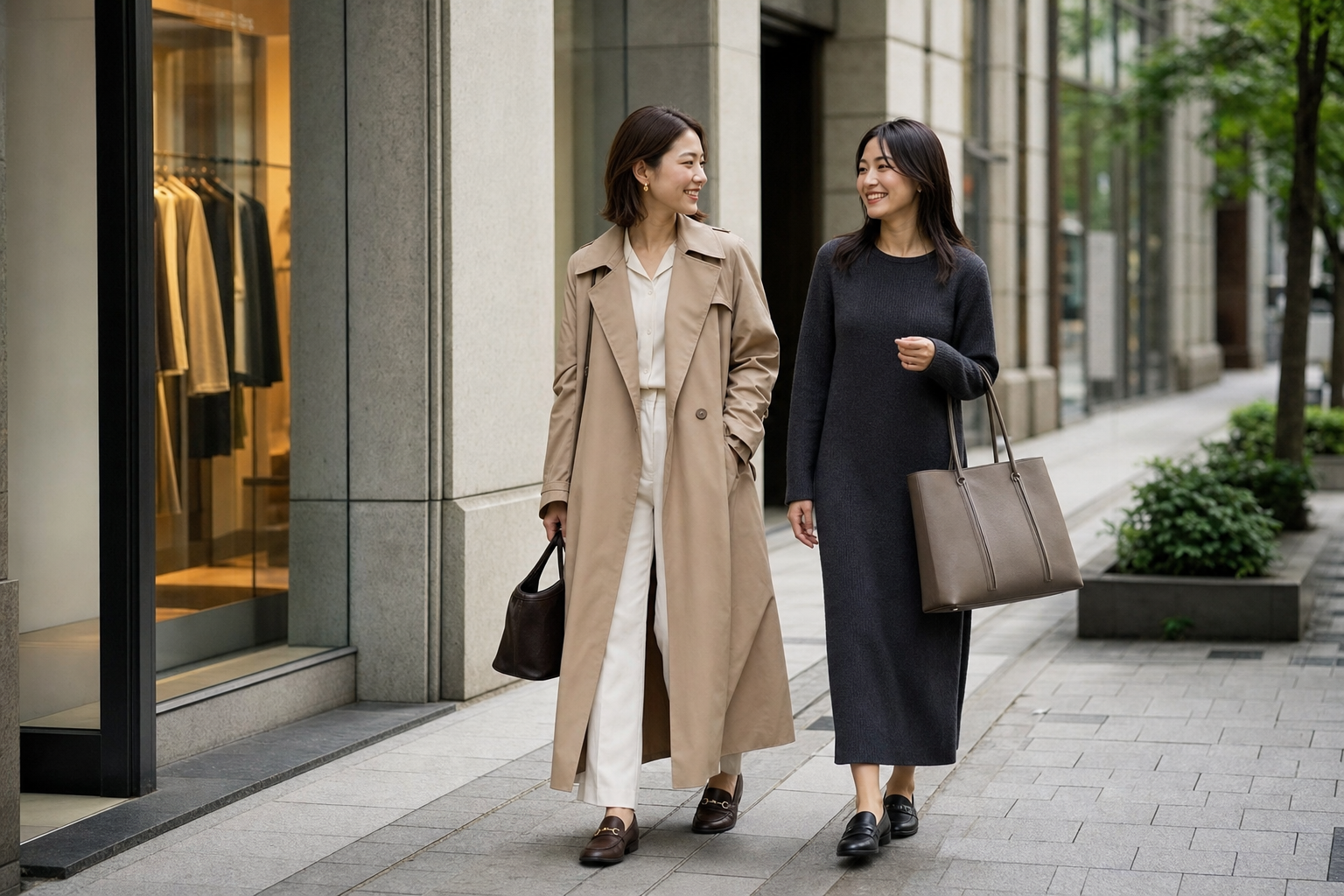街でMaison Luneの服を着る二人の女性