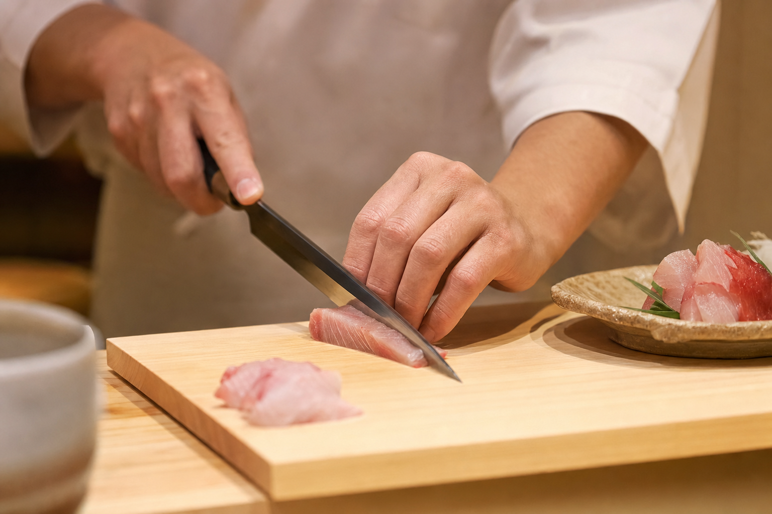 料理人が刺身を引く手元